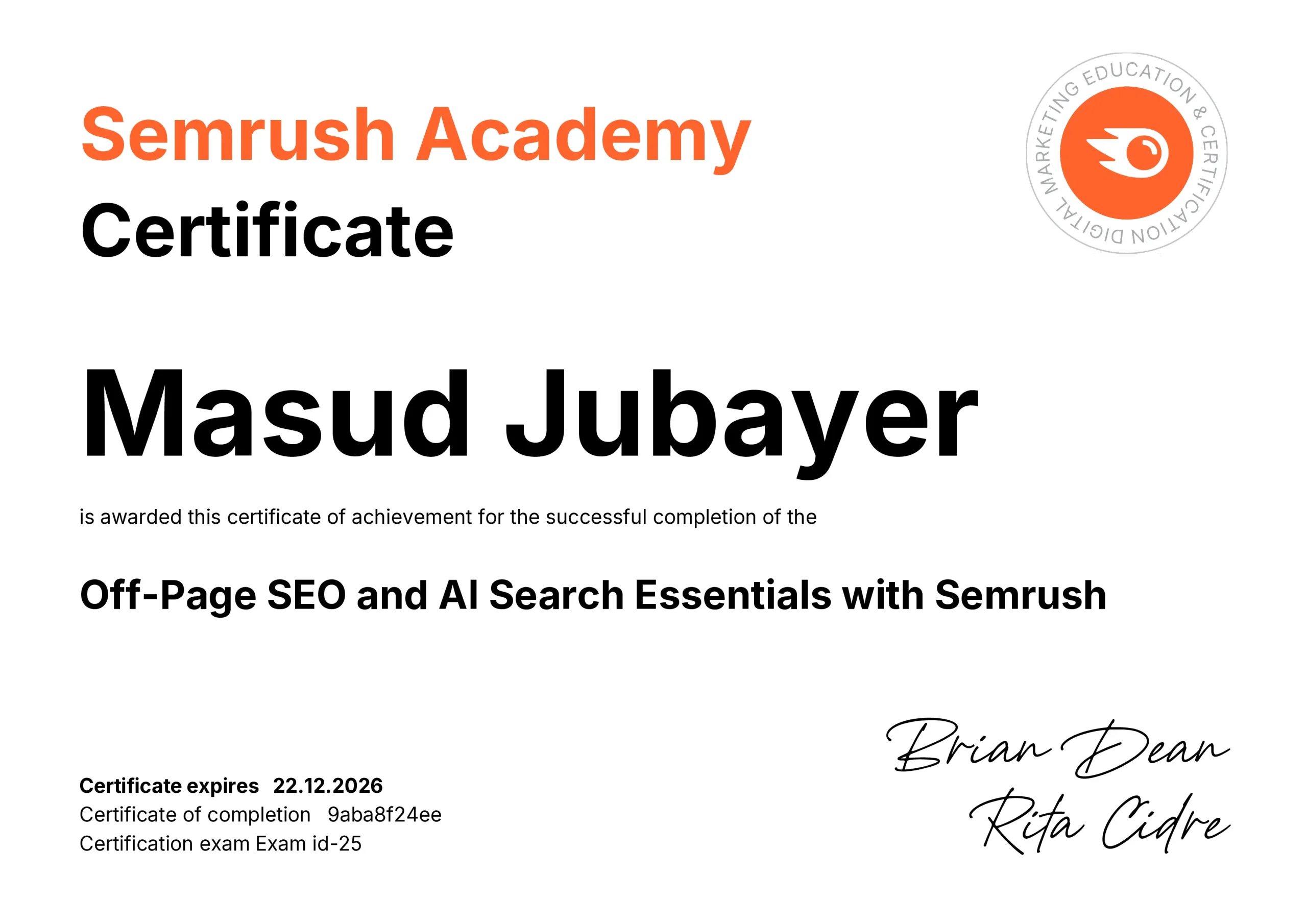 Masudjubayer-semrush-academy-certificate